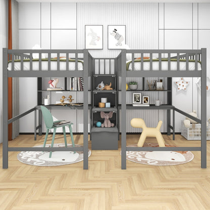 Graues Hochbett mit 2 integrierten Schreibtischen und Regalen sowie einer Treppe mit Stauraum