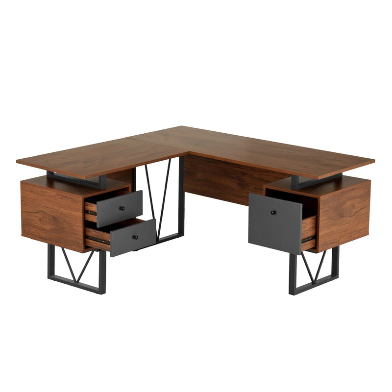 Walnut L-Shape Computer Desk with Drawers and File Cabinet