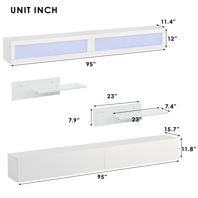 Wall Mount Floating TV Stand with, Four Media Storage Cabinets + Two Shelves + LED Lights