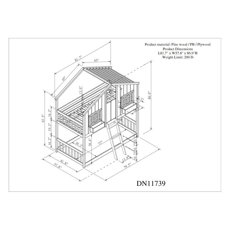 Graues Twin-over-Twin-House-Etagenbett mit Dach, Fenster, Blumenkasten, Türdesigns, mit Sicherheitsgeländer und Leiter
