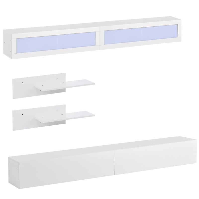 Wall Mount Floating TV Stand with, Four Media Storage Cabinets + Two Shelves + LED Lights