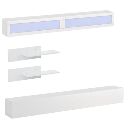 Wall Mount Floating TV Stand with, Four Media Storage Cabinets + Two Shelves + LED Lights