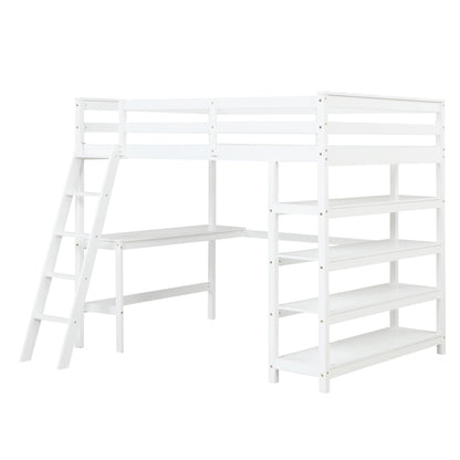 Weißes Twin-Hochbett mit Schreibtisch, Leiter und Regalen
