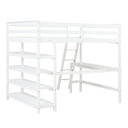 Weißes Twin-Hochbett mit Schreibtisch, Leiter und Regalen