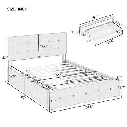 Upholstered Platform Bed With 4 Drawers Linen Fabric Queen Size