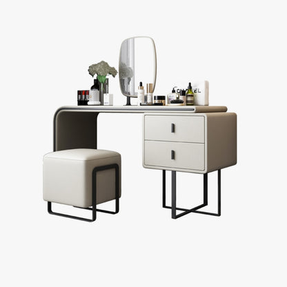 Modern Vanity Table, 2 Drawers, Mirror And Stool