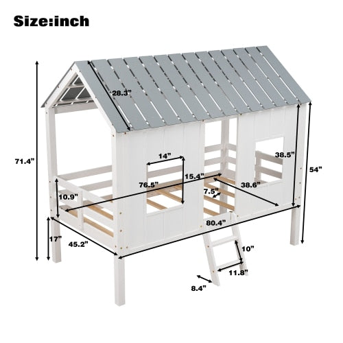 Twin-Loft-Hausbettgestell mit Dach und zwei Vorderfenstern