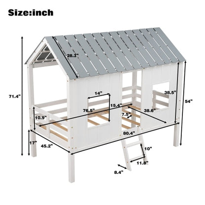 Twin-Loft-Hausbettgestell mit Dach und zwei Vorderfenstern