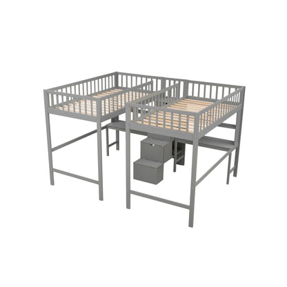 Graues Hochbett mit 2 integrierten Schreibtischen und Regalen sowie einer Treppe mit Stauraum