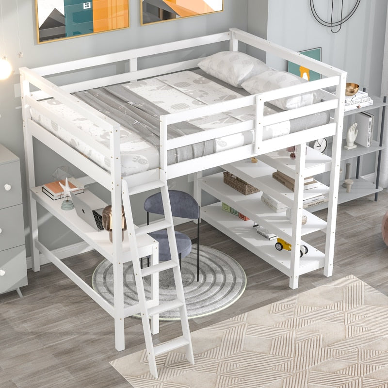 Weißes Twin-Hochbett mit Schreibtisch, Leiter und Regalen