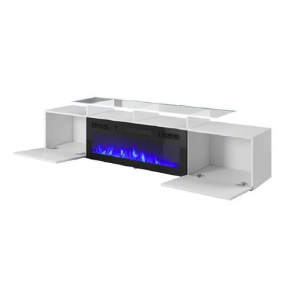 Wood Style: Solid Wood

Type: Living Room Furniture

Specific Use: TV Stand

Material: Wooden

Appearance: Modern Style

Description

Modern TV stand / TV console / TV cabinet / central entertainment center. High gloss fronts with matte body electric fireplace insert included with glass fronts, remote control, and on/off control, 3 changeable flame colors, temperature control, timer setting, and dimmer 16 colors LED light system included with color control and on/off remote . Modern and unique contemporary 