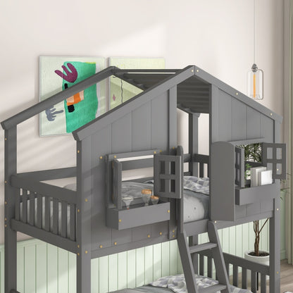 Graues Twin-over-Twin-House-Etagenbett mit Dach, Fenster, Blumenkasten, Türdesigns, mit Sicherheitsgeländer und Leiter
