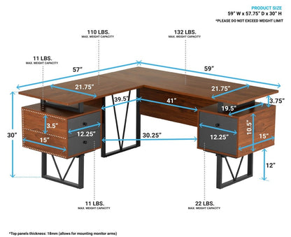 Walnut L-Shape Computer Desk with Drawers and File Cabinet