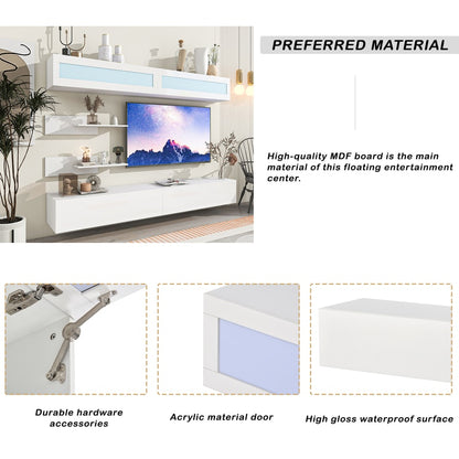 Wall Mount Floating TV Stand with, Four Media Storage Cabinets + Two Shelves + LED Lights